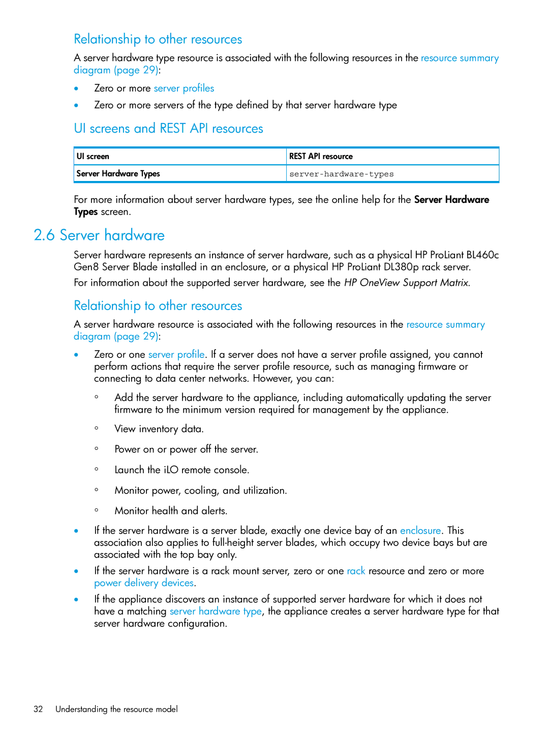 HP OneView manual Server hardware, Zero or more server profiles, UI screen Rest API resource Server Hardware Types 