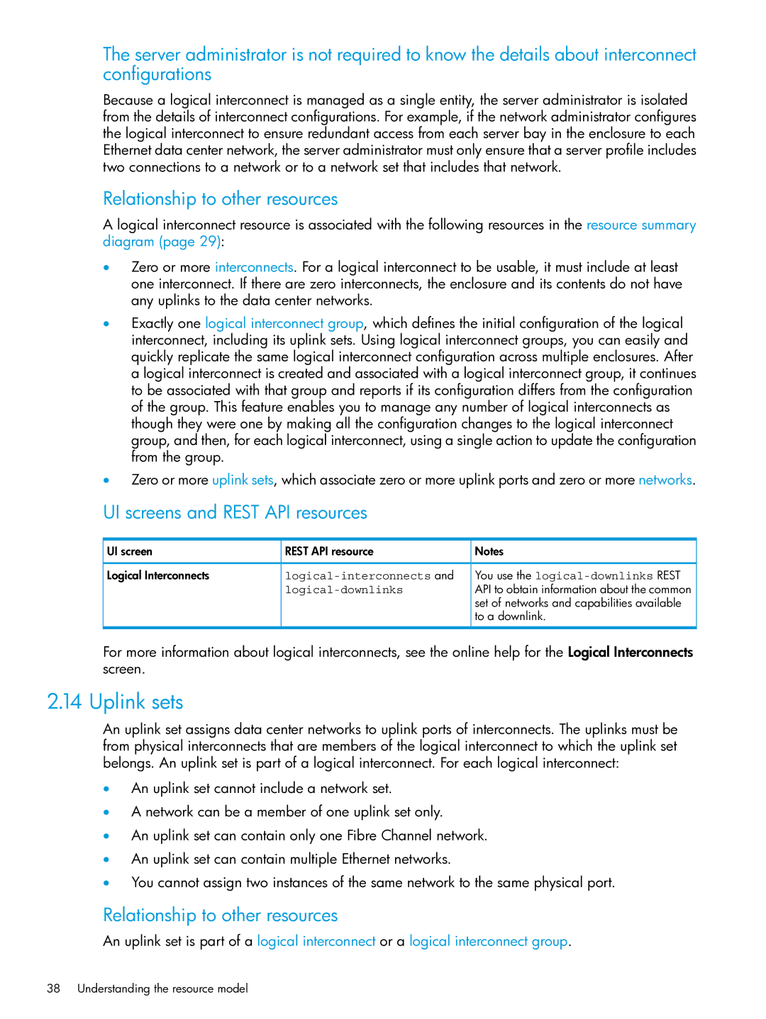 HP OneView manual Uplink sets, UI screen Rest API resource Logical Interconnects, Logical-downlinks, To a downlink 