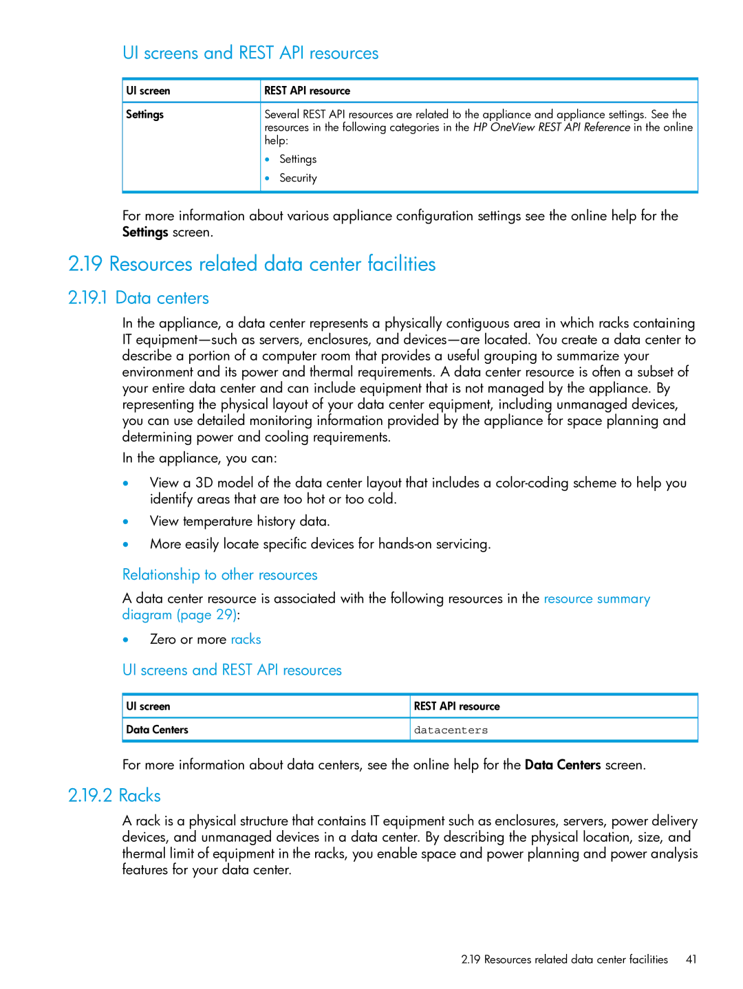 HP OneView manual Resources related data center facilities, Data centers, Racks, Relationship to other resources 