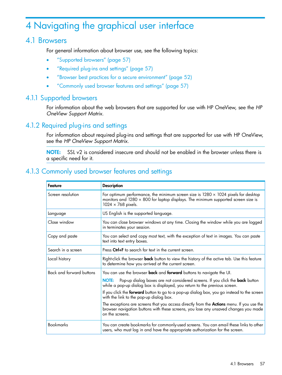 HP OneView manual Navigating the graphical user interface, Browsers, Supported browsers, Required plug-ins and settings 