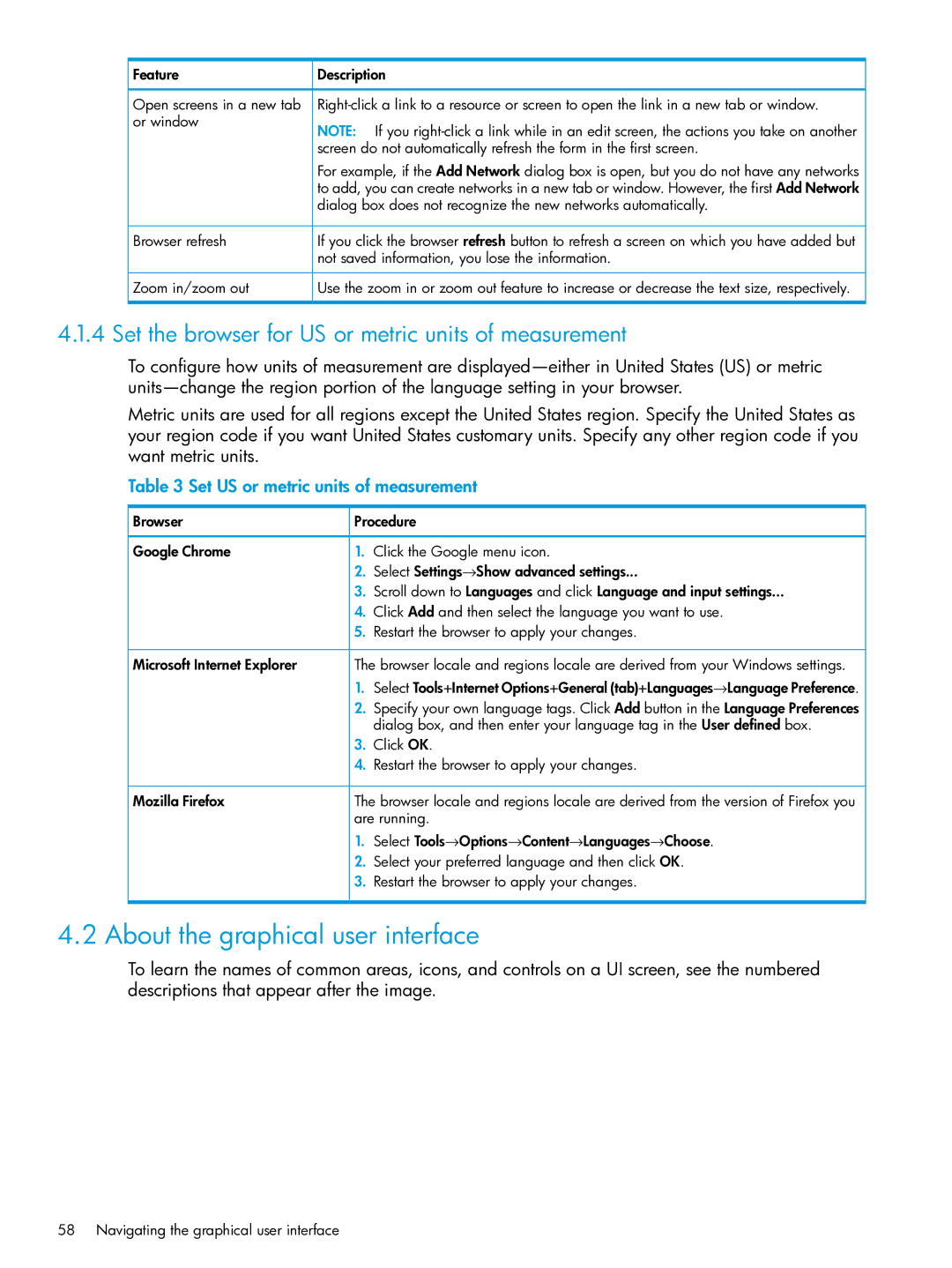 HP OneView manual About the graphical user interface, Set the browser for US or metric units of measurement 