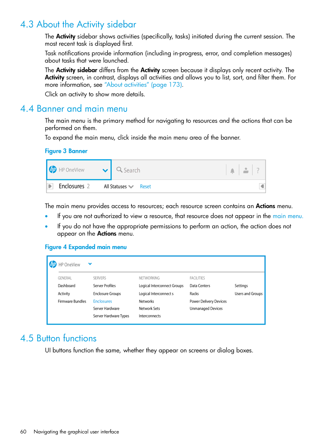 HP OneView manual About the Activity sidebar, Banner and main menu, Button functions 