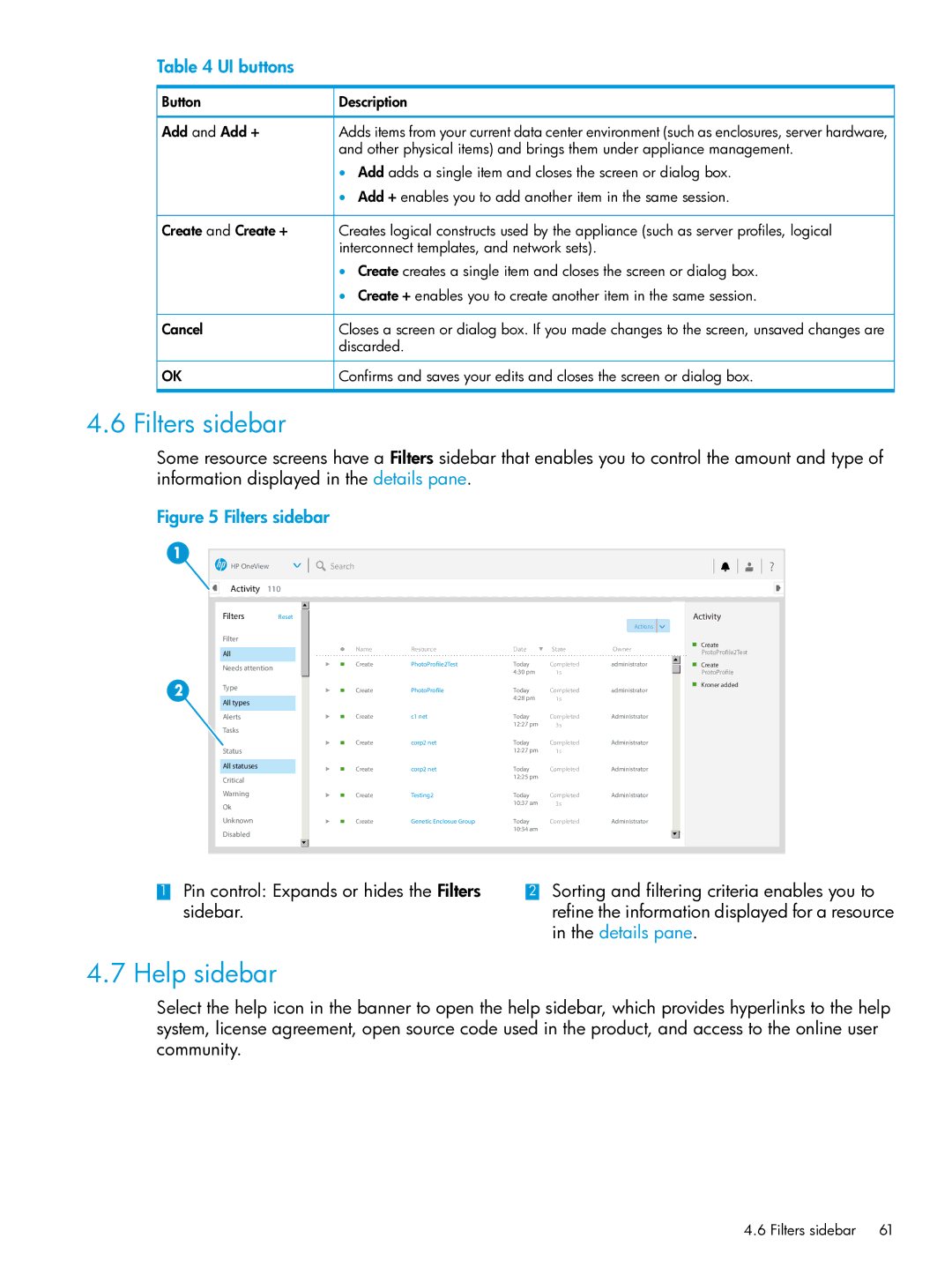 HP OneView manual Filters sidebar, Help sidebar, UI buttons 