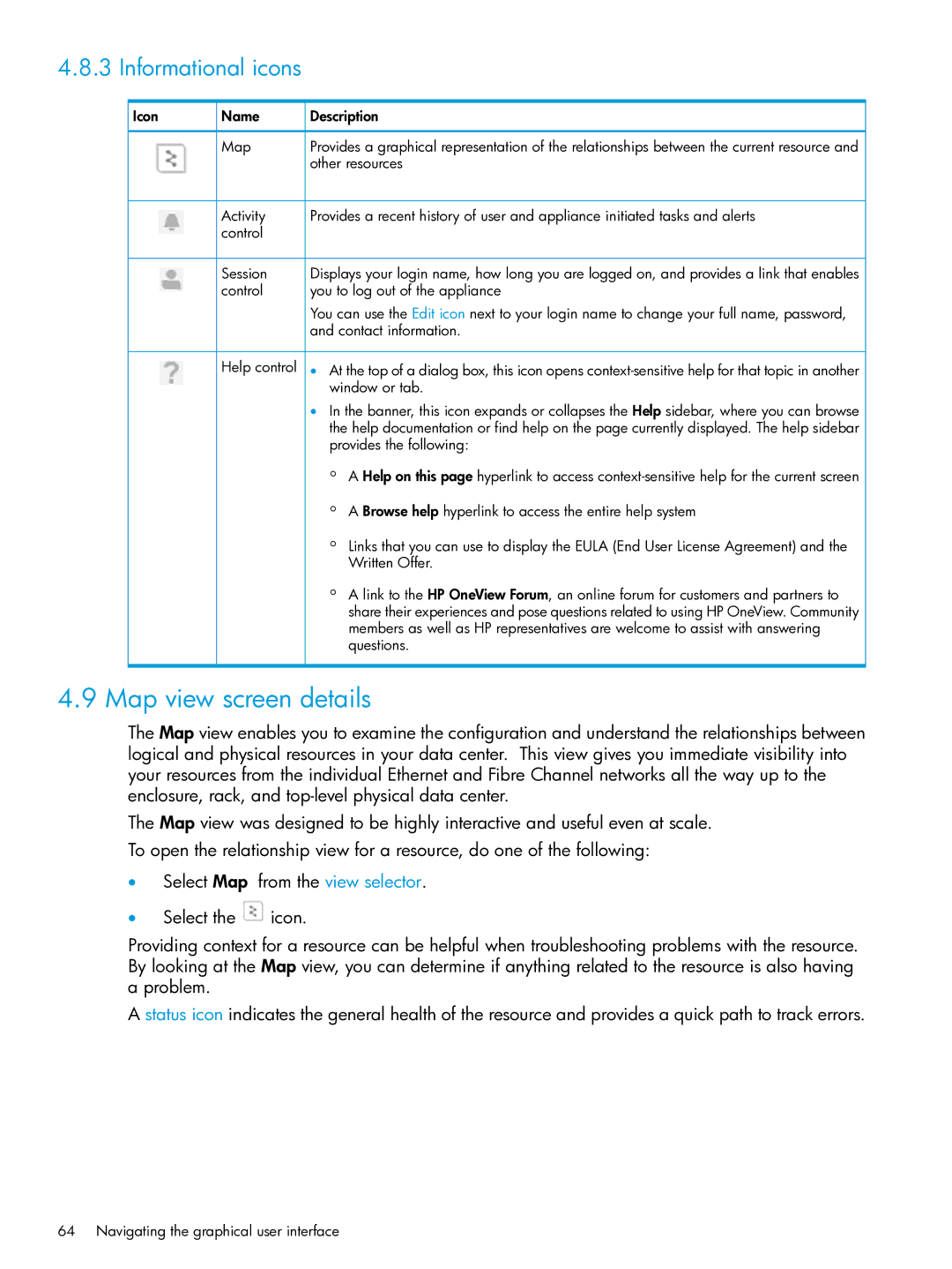 HP OneView manual Map view screen details, Informational icons 