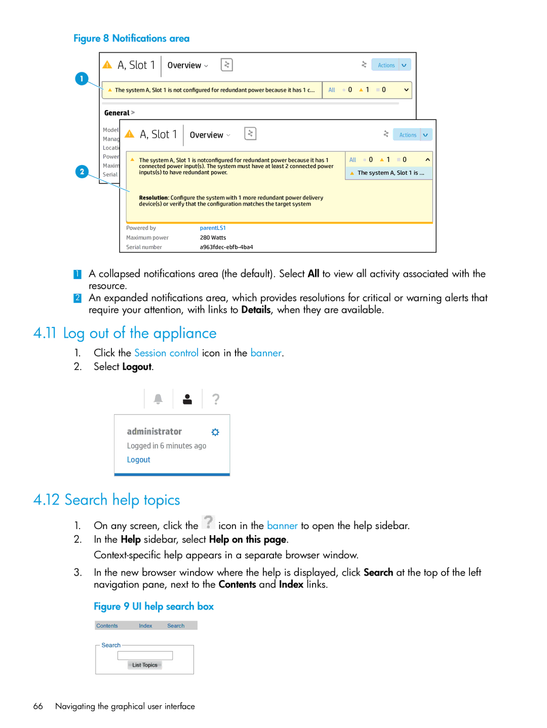 HP OneView manual Log out of the appliance, Search help topics 