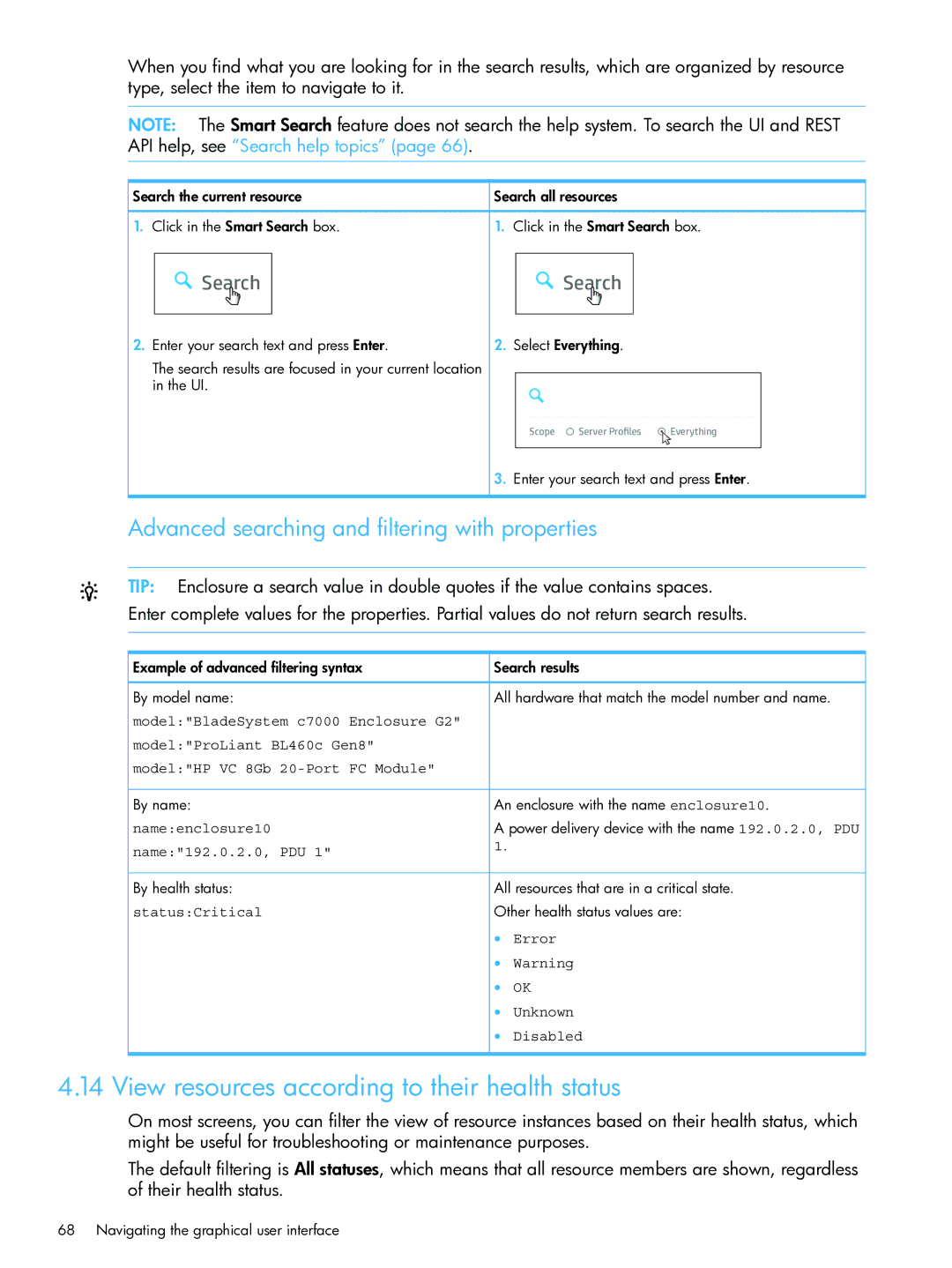 HP OneView manual View resources according to their health status, Advanced searching and filtering with properties 