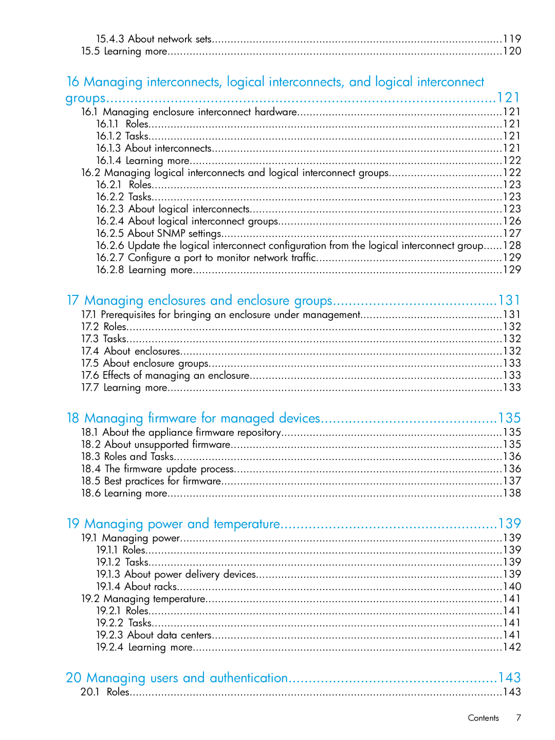 HP OneView manual Managing enclosures and enclosure groups 131, Managing firmware for managed devices 135 