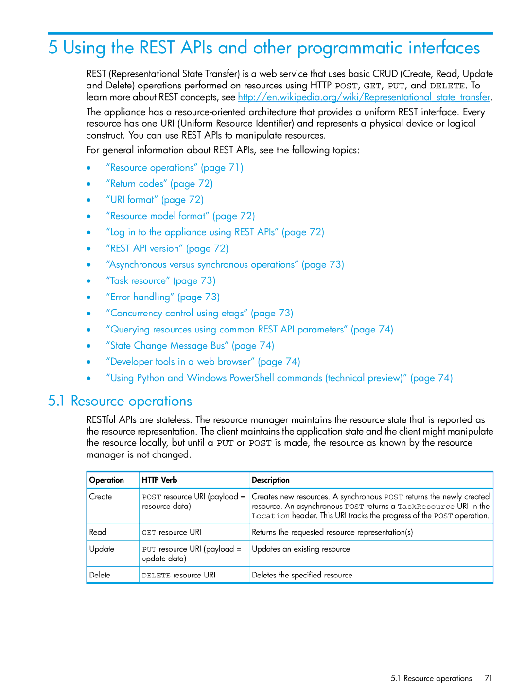 HP OneView manual Using the Rest APIs and other programmatic interfaces, Resource operations, Operation Http Verb Create 