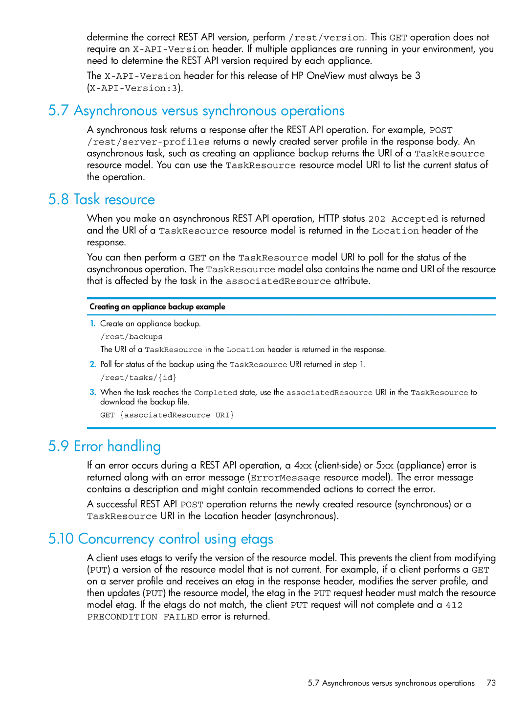 HP OneView Asynchronous versus synchronous operations, Task resource, Error handling, Concurrency control using etags 