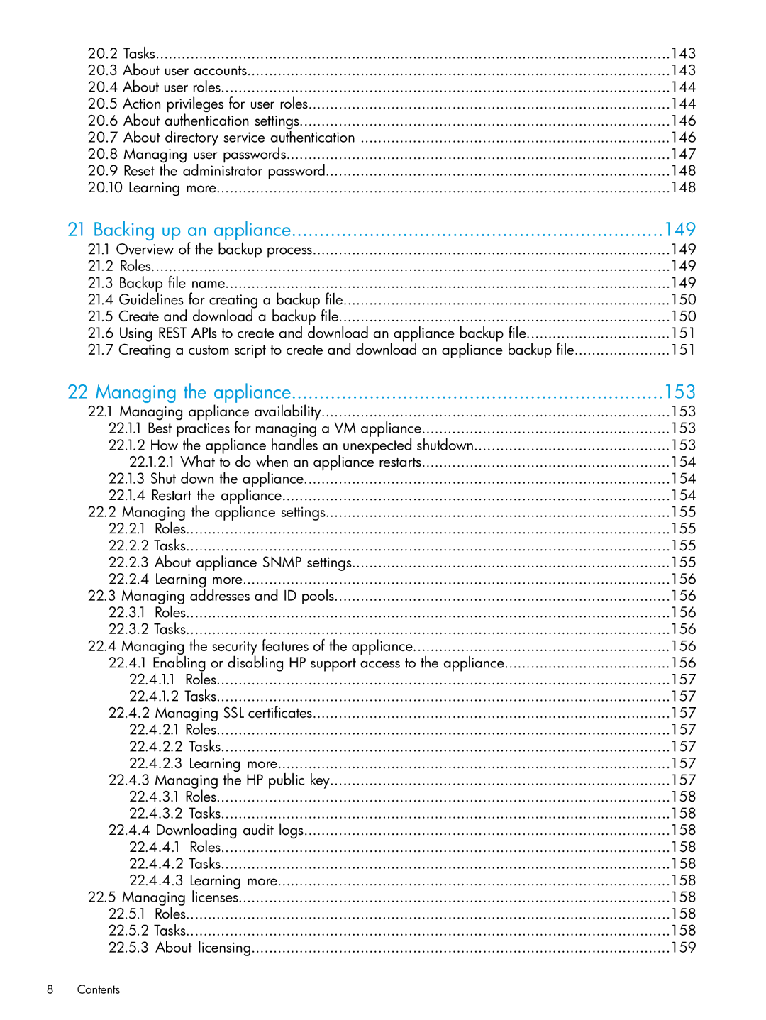 HP OneView manual Backing up an appliance 149, Managing the appliance 153 