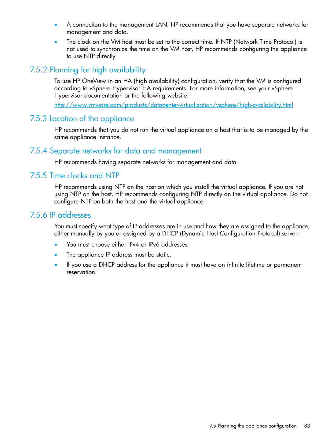 HP OneView manual Planning for high availability, Location of the appliance, Separate networks for data and management 