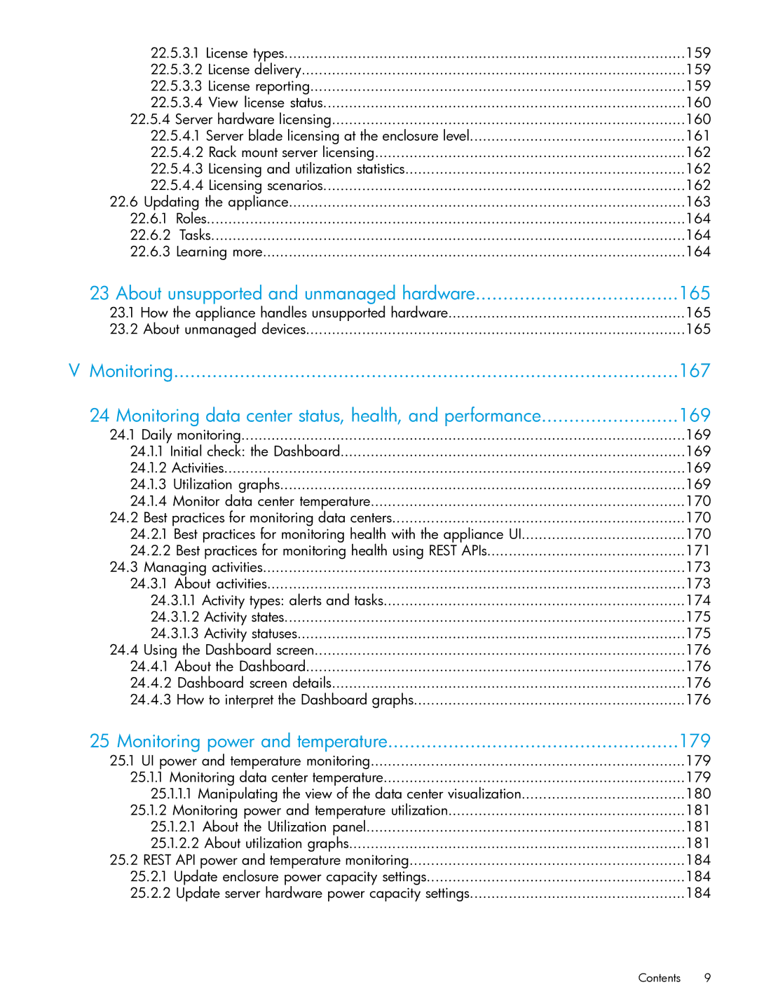 HP OneView manual About unsupported and unmanaged hardware 165, Monitoring power and temperature 179 