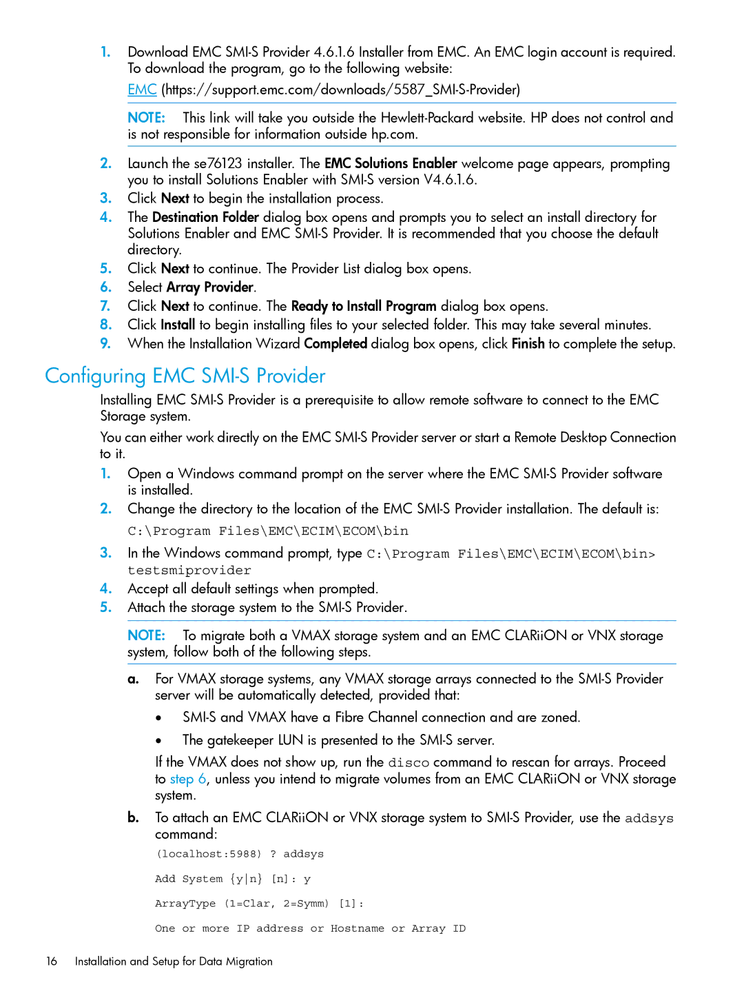 HP Online Import Software manual Configuring EMC SMI-S Provider, Program Files\EMC\ECIM\ECOM\bin 