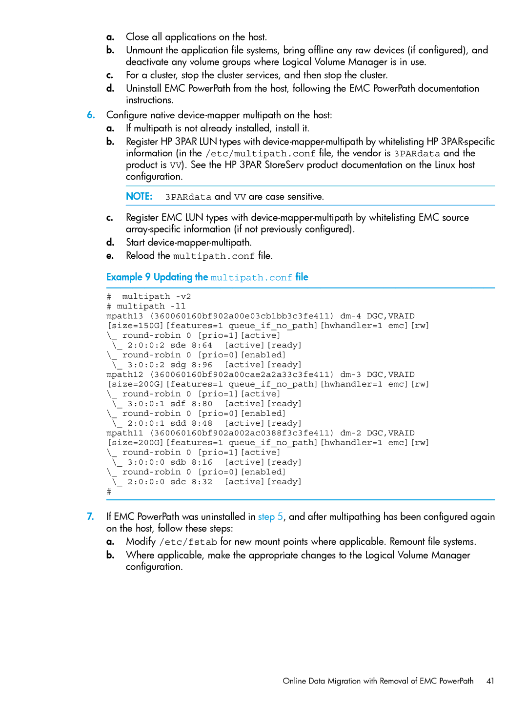 HP Online Import Software manual Example 9 Updating the multipath.conf file 