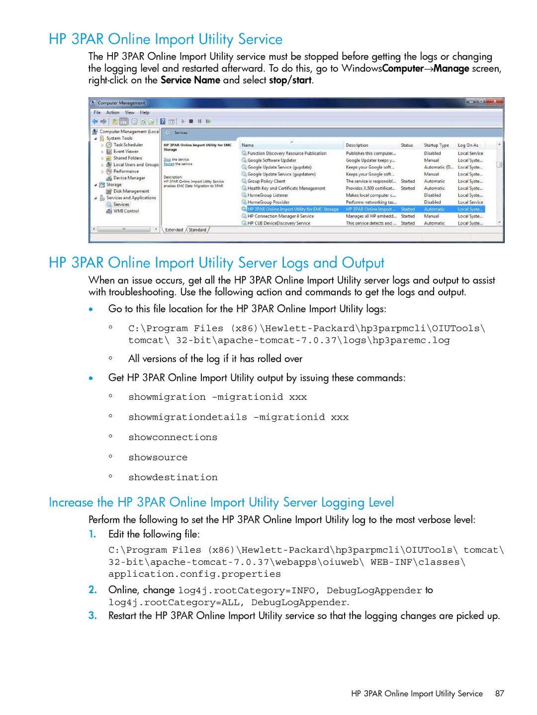 HP Online Import Software HP 3PAR Online Import Utility Service, HP 3PAR Online Import Utility Server Logs and Output 