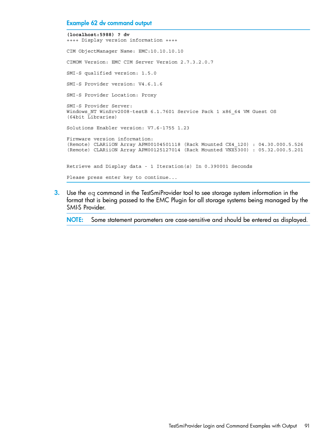 HP Online Import Software manual Example 62 dv command output, Localhost5988 ? dv 