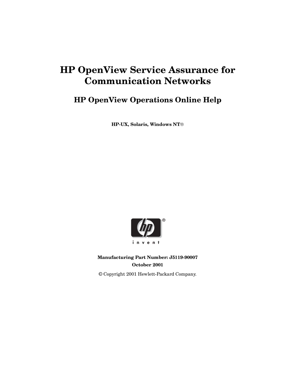 HP OPENVIEW J5119-90007 manual HP OpenView Service Assurance for Communication Networks 