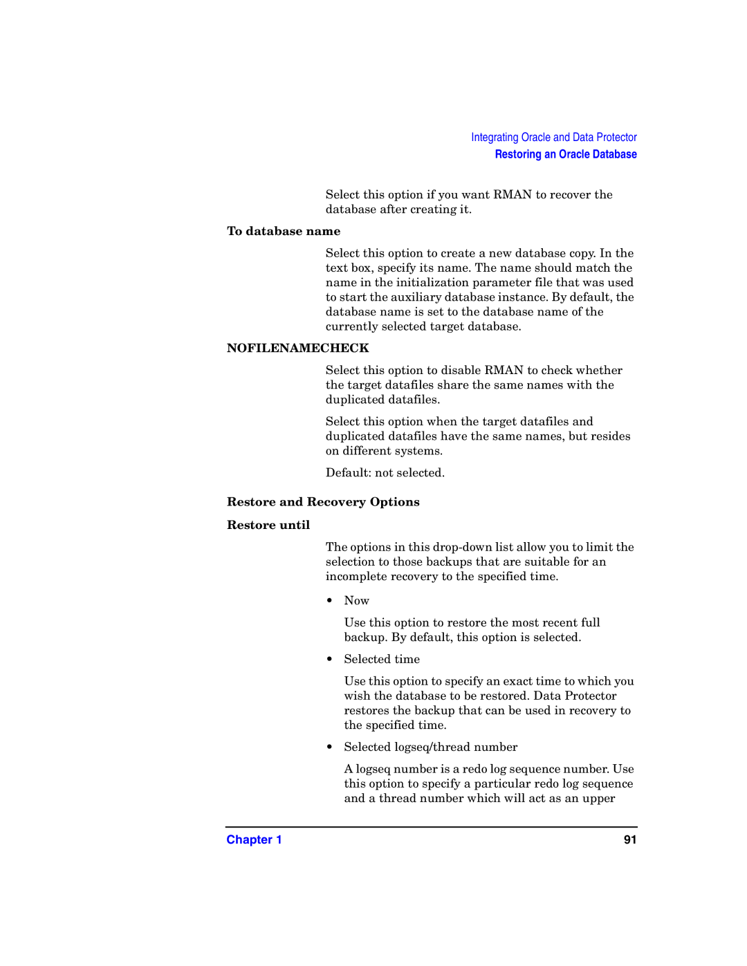 HP OpenView Storage B6960-96008 manual To database name, Nofilenamecheck, Restore and Recovery Options Restore until 