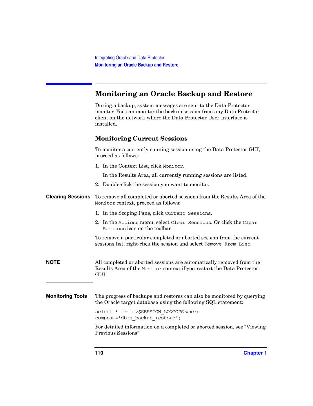 HP OpenView Storage B6960-96008 manual Monitoring an Oracle Backup and Restore, Monitoring Current Sessions, 110 