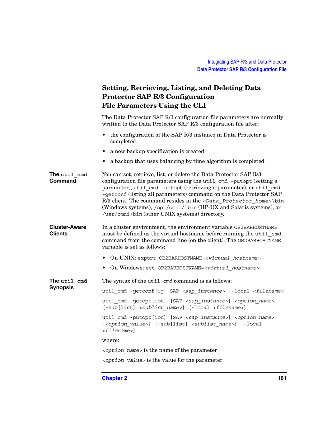 HP OpenView Storage B6960-96008 Setting, Retrieving, Listing, and Deleting Data, Protector SAP R/3 Configuration, Command 