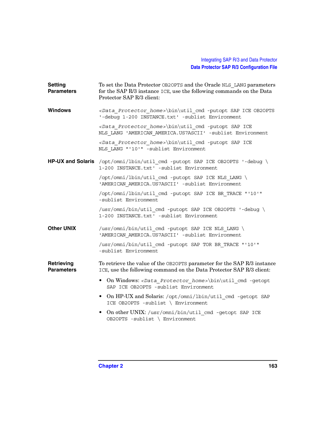 HP OpenView Storage B6960-96008 manual Setting, Parameters, Protector SAP R/3 client, HP-UX and Solaris, Retrieving 