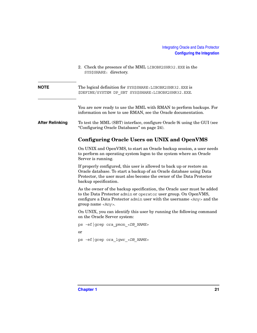 HP OpenView Storage B6960-96008 manual Configuring Oracle Users on Unix and OpenVMS, After Relinking 