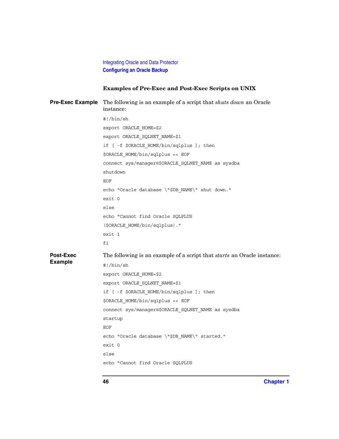 HP OpenView Storage B6960-96008 manual Examples of Pre-Exec and Post-Exec Scripts on Unix, Pre-Exec Example 