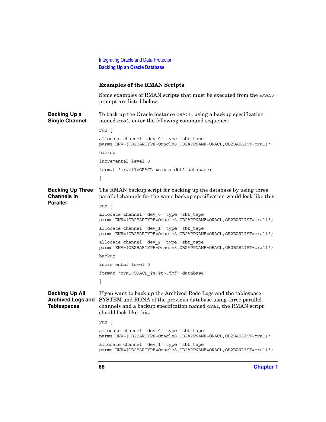 HP OpenView Storage B6960-96008 manual Examples of the Rman Scripts, Parallel 