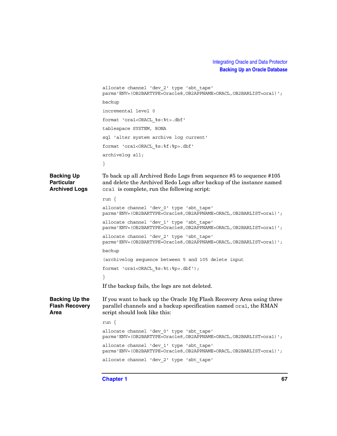 HP OpenView Storage B6960-96008 manual Backing Up, Particular, Archived Logs, Flash Recovery, Area 