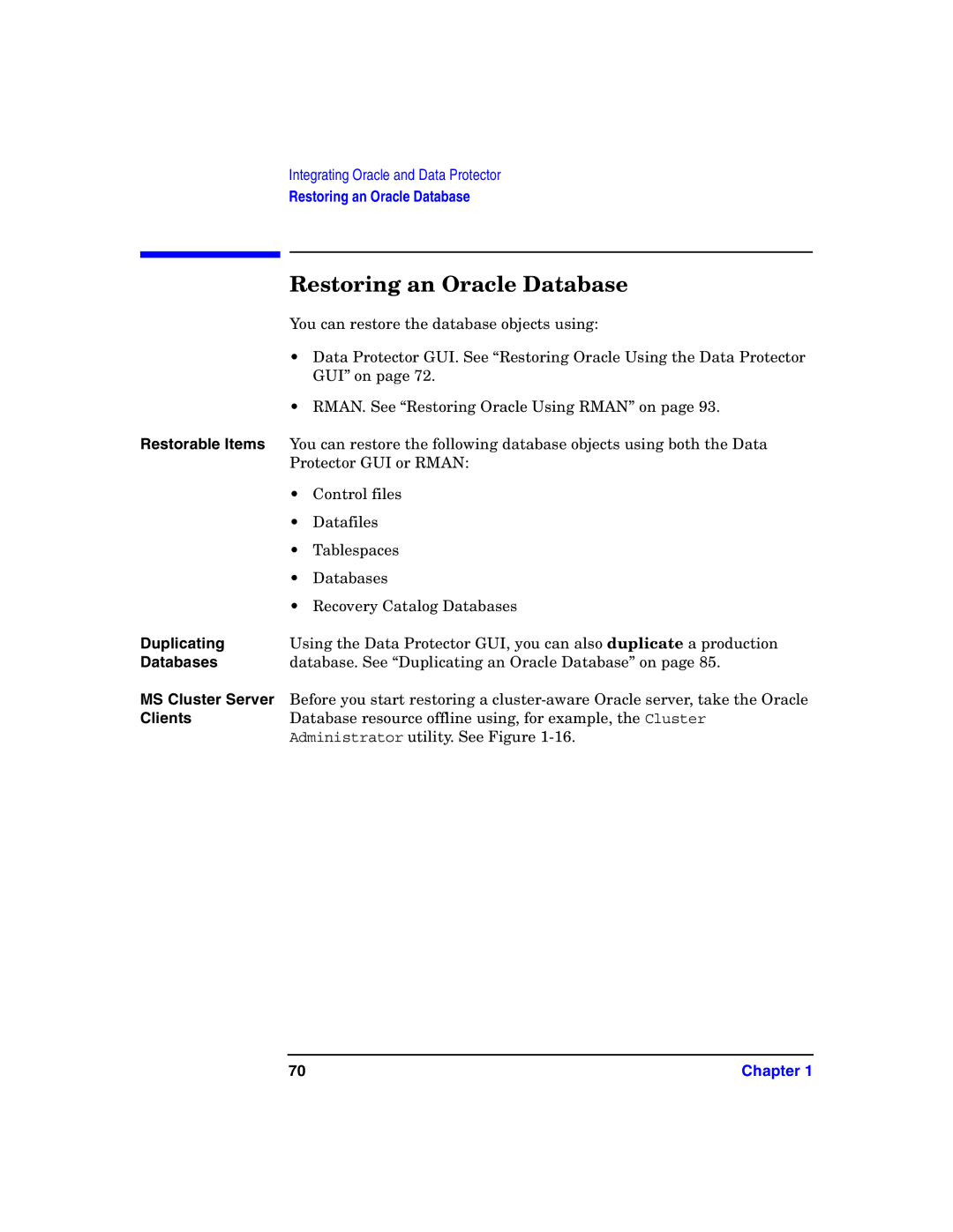 HP OpenView Storage B6960-96008 Restoring an Oracle Database, Restorable Items, Duplicating, Databases, MS Cluster Server 