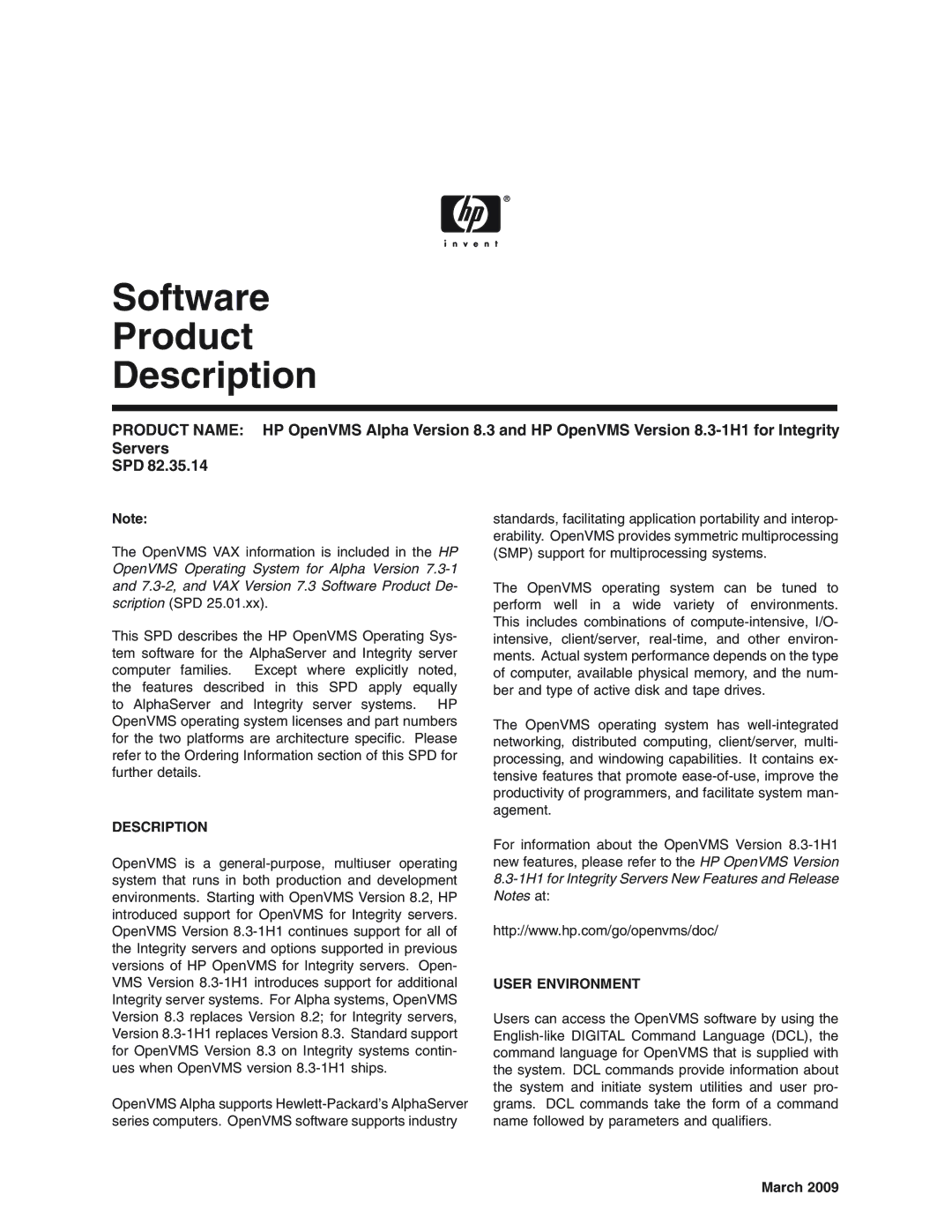 HP OpenVMS 8.3-1H1 manual Description, User Environment, March 