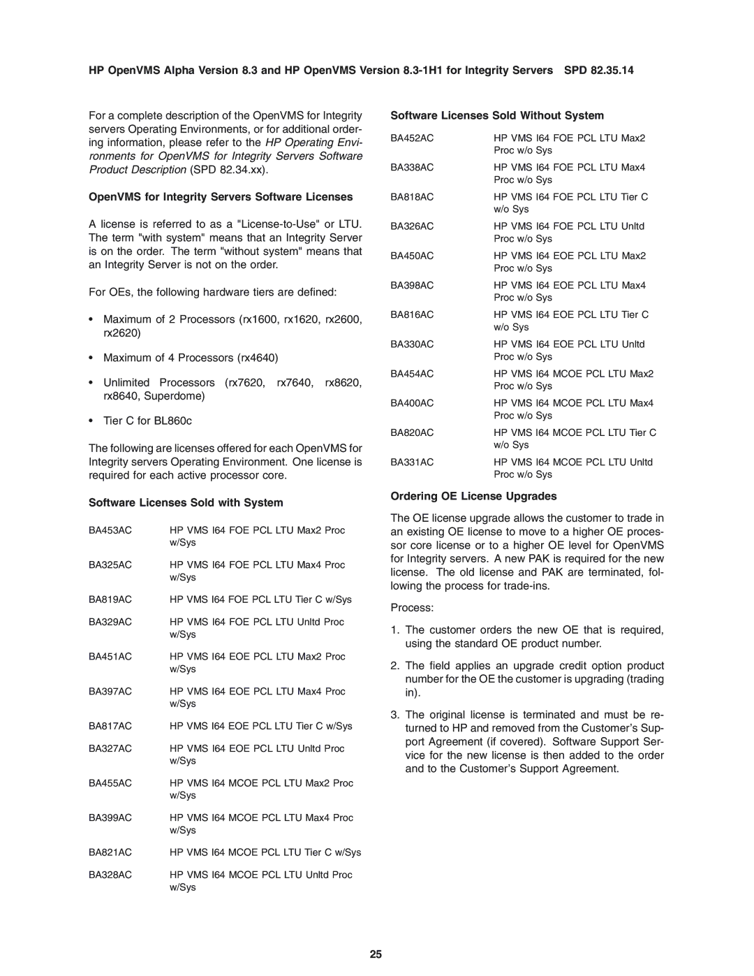 HP OpenVMS 8.3-1H1 manual Software Licenses Sold with System, Ordering OE License Upgrades 