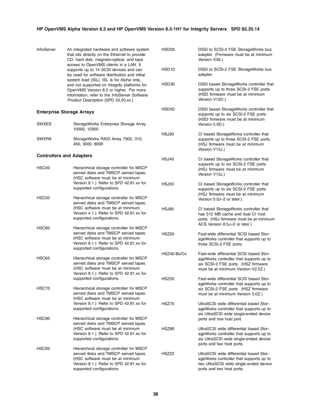 HP OpenVMS 8.3-1H1 manual Enterprise Storage Arrays, Controllers and Adapters 