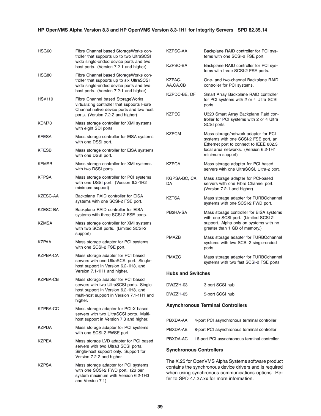 HP OpenVMS 8.3-1H1 manual Hubs and Switches, Asynchronous Terminal Controllers, Synchronous Controllers 