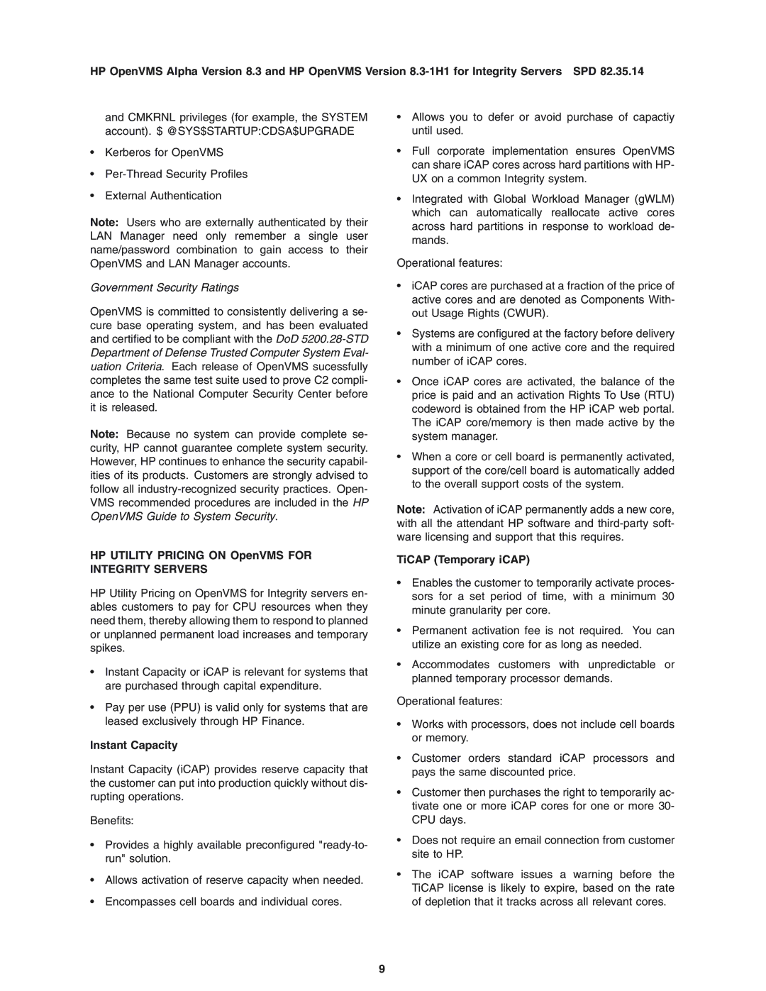 HP OpenVMS 8.3-1H1 Government Security Ratings, HP Utility Pricing on OpenVMS for Integrity Servers, Instant Capacity 