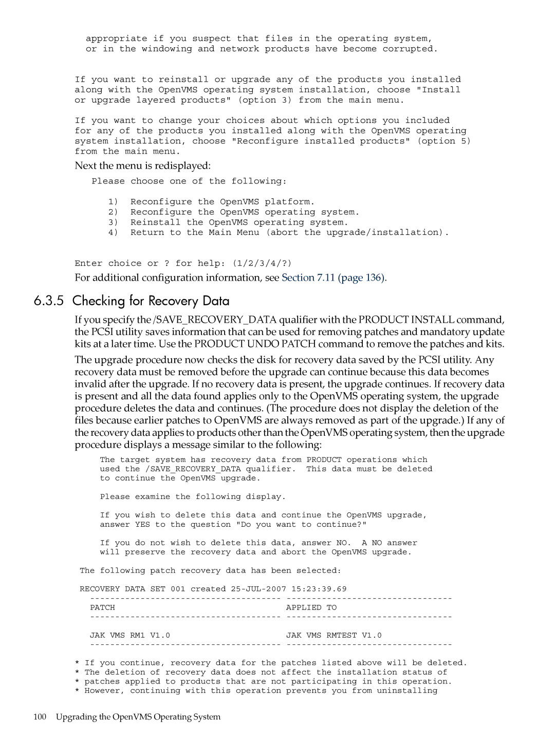 HP OpenVMS 8.x manual Checking for Recovery Data, Next the menu is redisplayed 