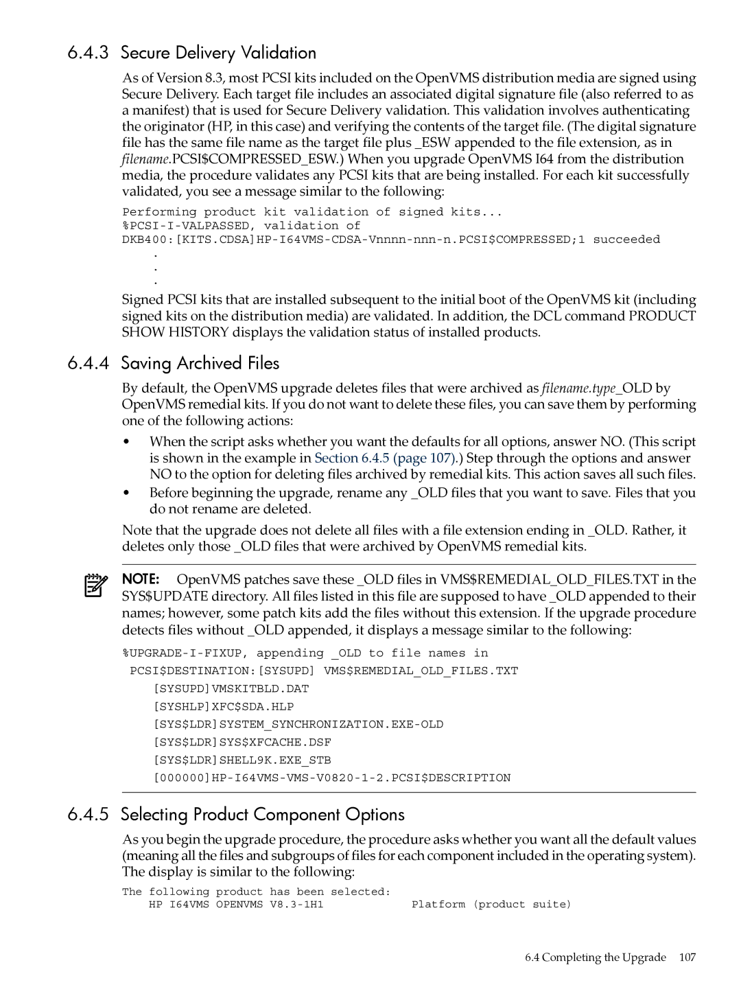 HP OpenVMS 8.x manual Secure Delivery Validation, Saving Archived Files, Selecting Product Component Options 