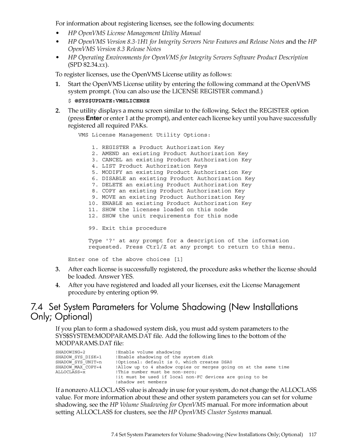 HP OpenVMS 8.x manual $ @Sys$Updatevmslicense 