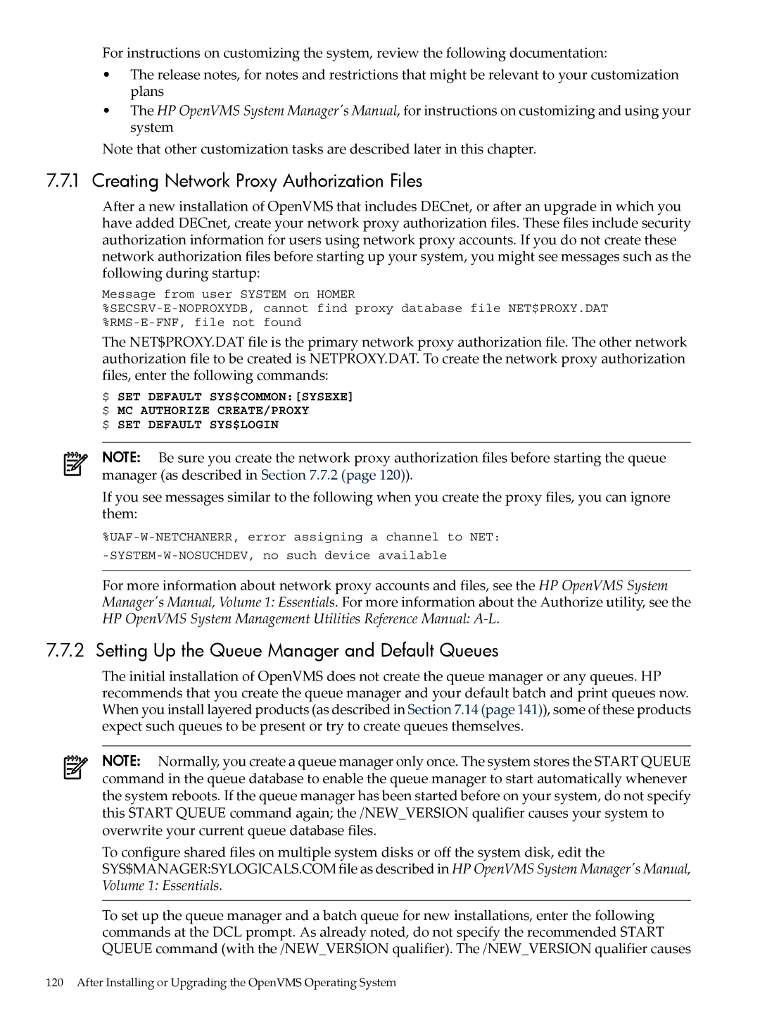 HP OpenVMS 8.x manual Creating Network Proxy Authorization Files, Setting Up the Queue Manager and Default Queues 