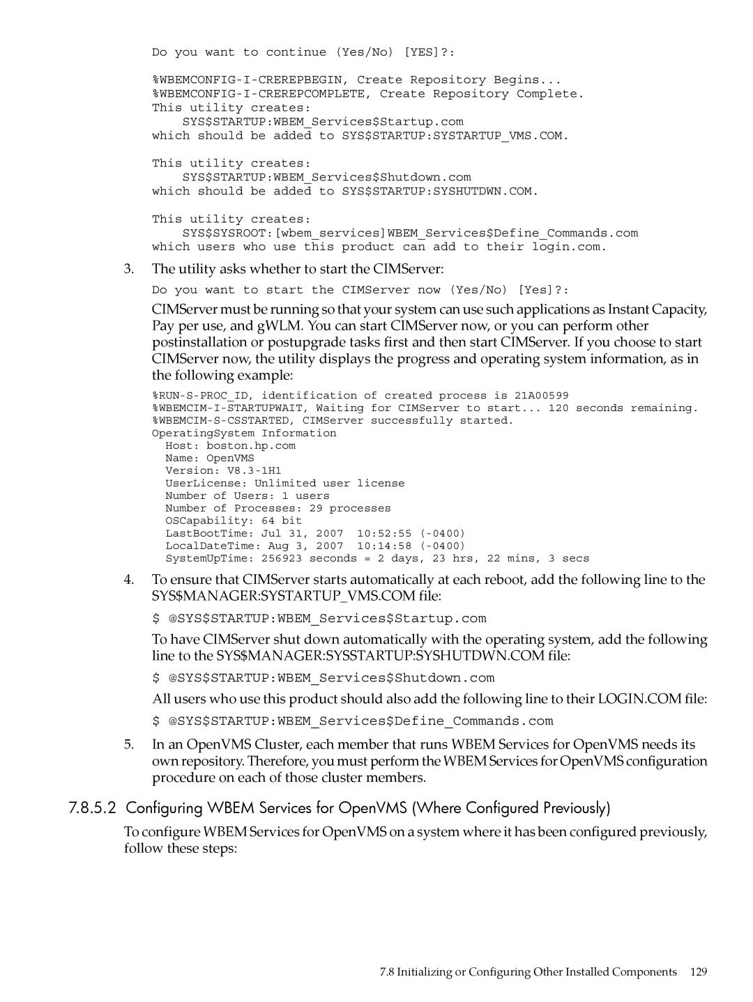 HP OpenVMS 8.x manual Utility asks whether to start the CIMServer 