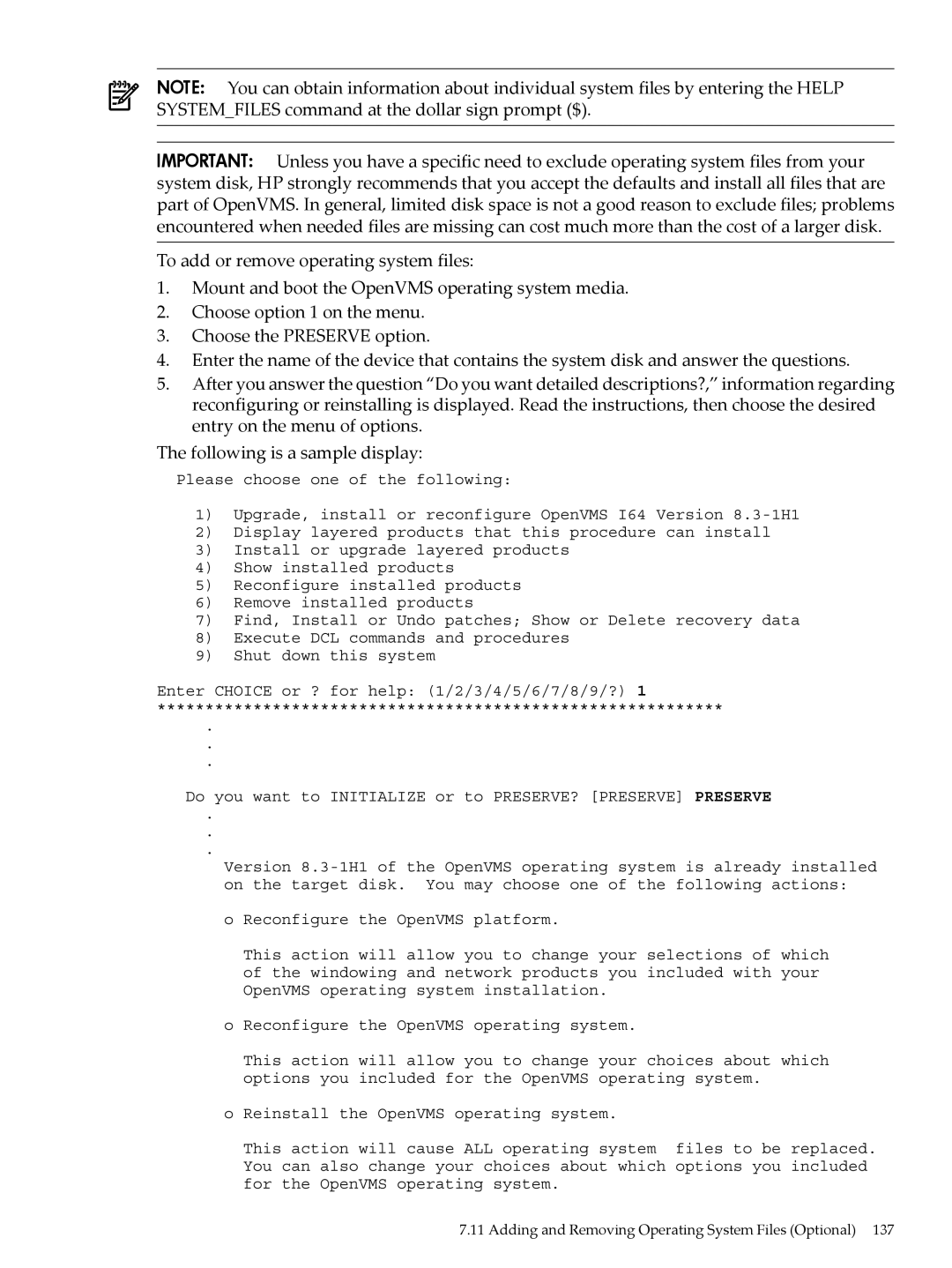 HP OpenVMS 8.x manual Adding and Removing Operating System Files Optional 