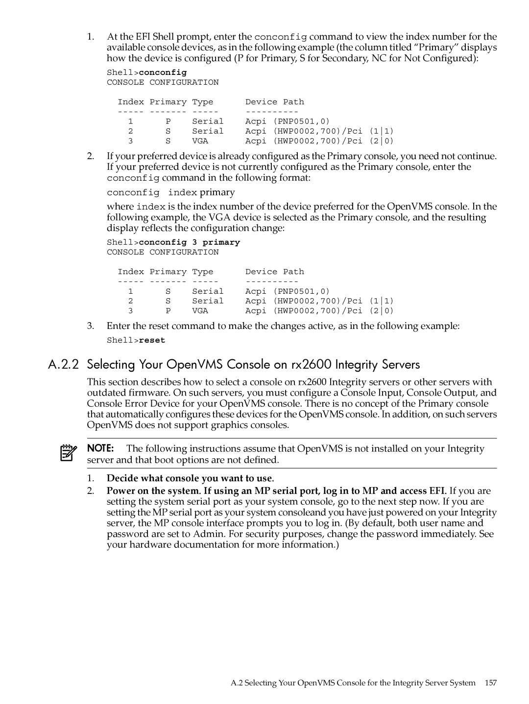 HP OpenVMS 8.x manual Selecting Your OpenVMS Console on rx2600 Integrity Servers, Shellconconfig 