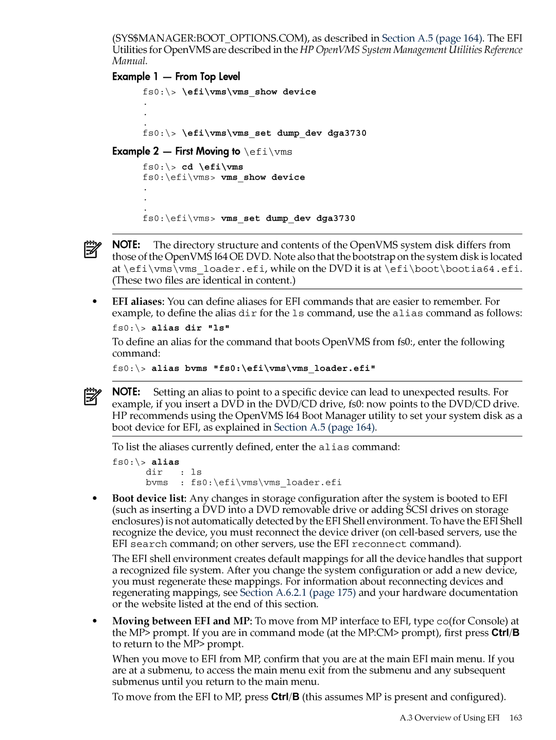 HP OpenVMS 8.x manual Example 1 From Top Level, Example 2 First Moving to \efi\vms 