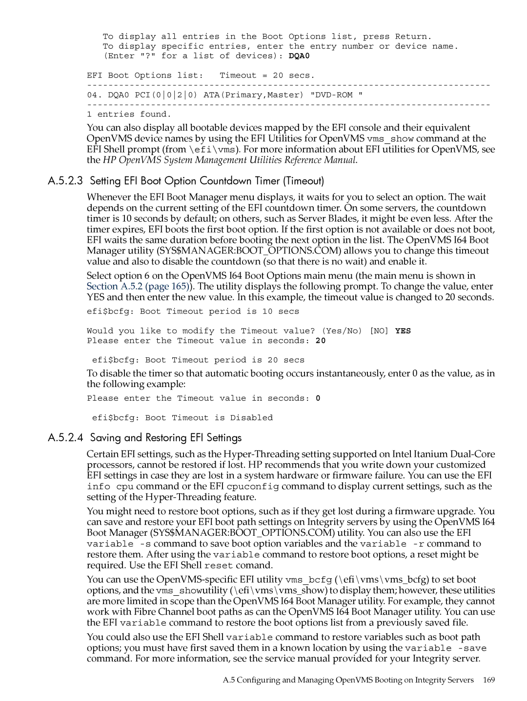 HP OpenVMS 8.x manual Setting EFI Boot Option Countdown Timer Timeout, Saving and Restoring EFI Settings 