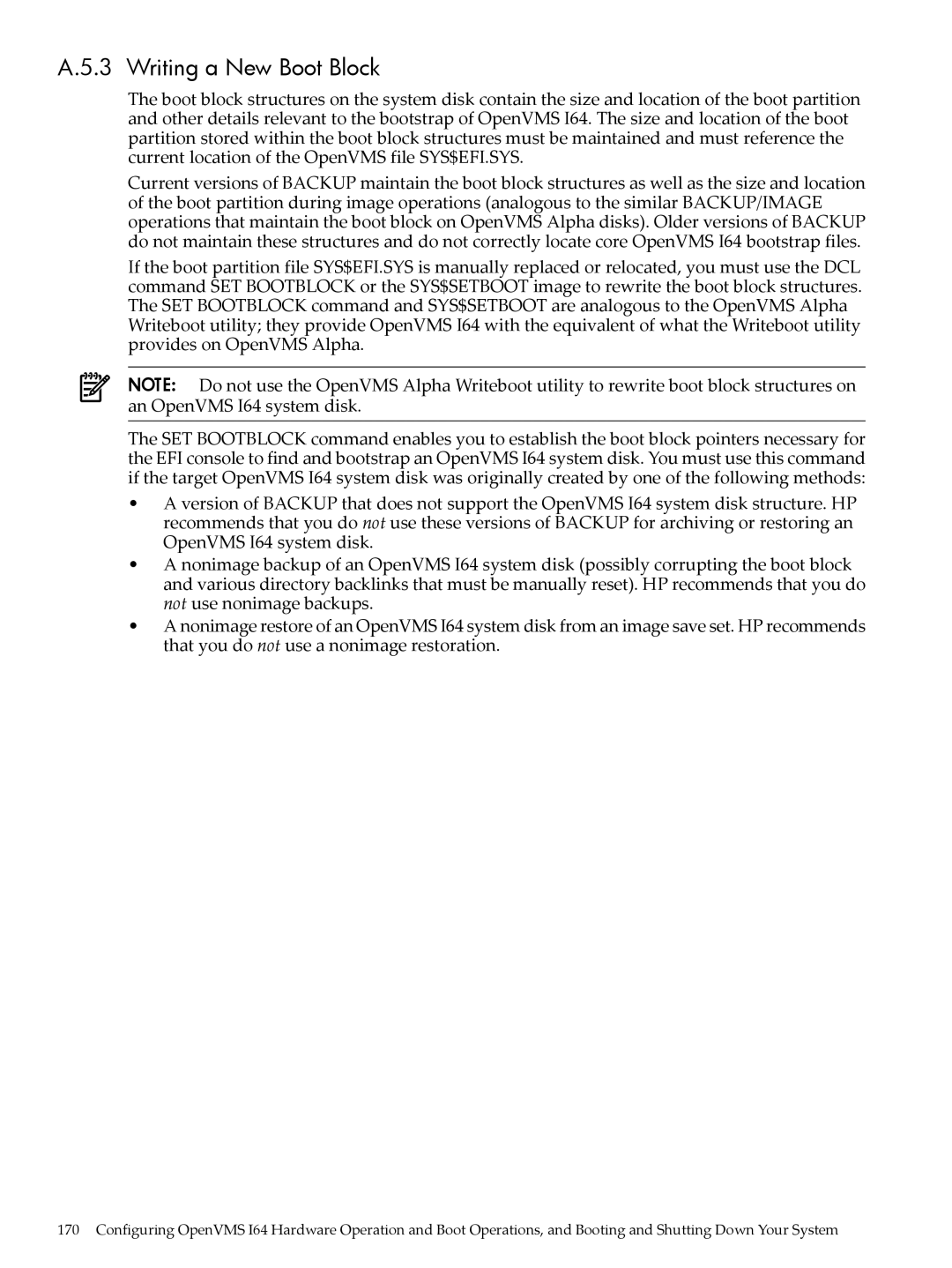 HP OpenVMS 8.x manual Writing a New Boot Block 