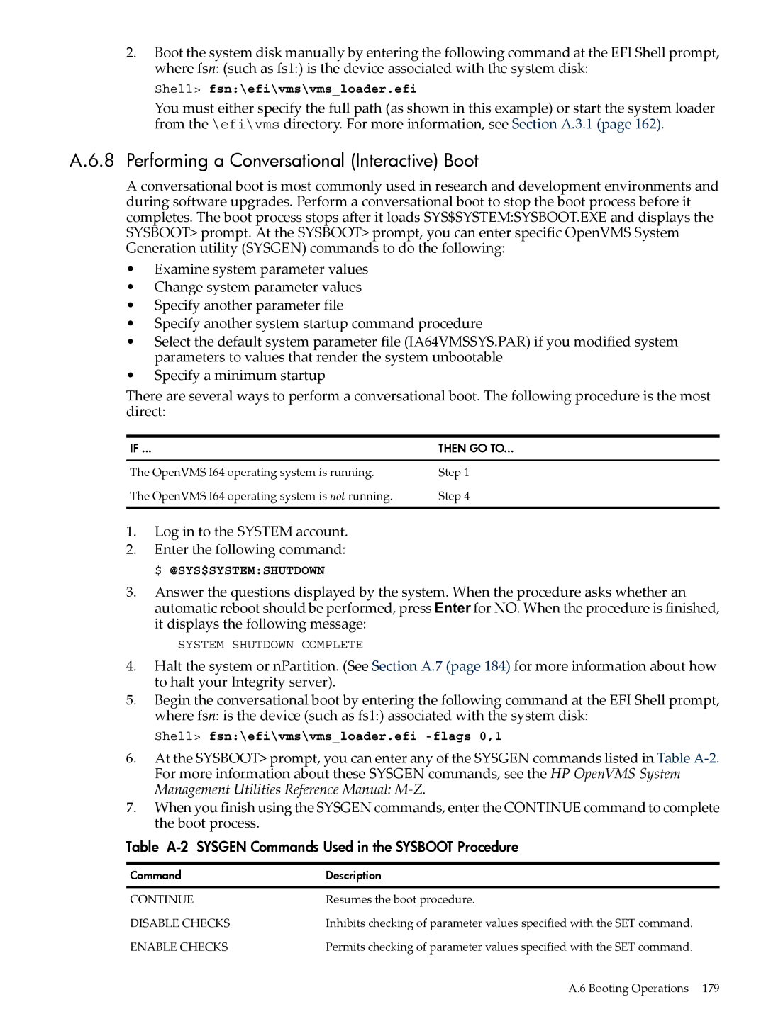 HP OpenVMS 8.x manual Performing a Conversational Interactive Boot, Table A-2 Sysgen Commands Used in the Sysboot Procedure 