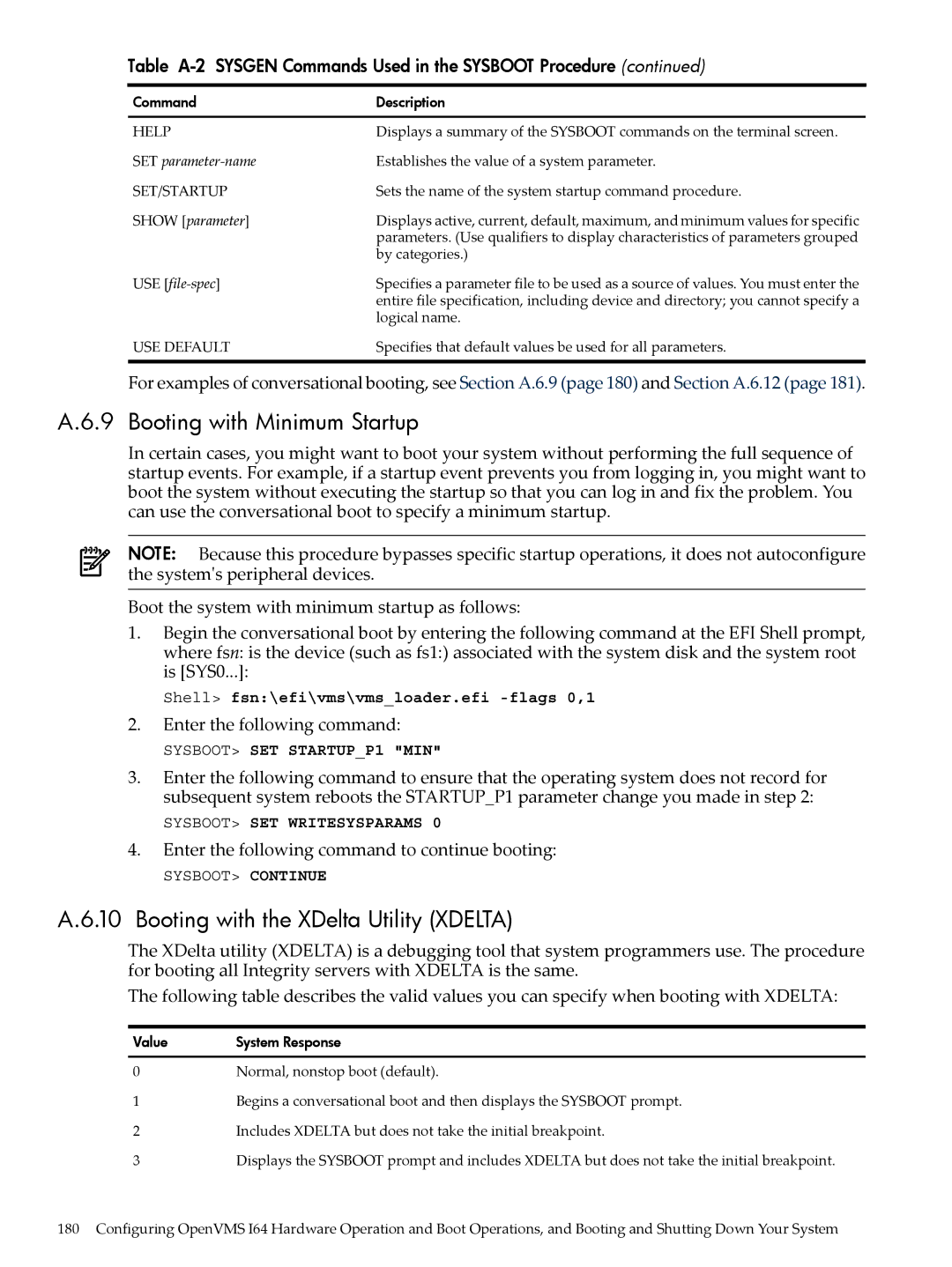 HP OpenVMS 8.x manual Booting with Minimum Startup, Booting with the XDelta Utility Xdelta 