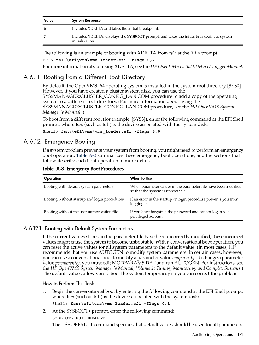 HP OpenVMS 8.x manual Booting from a Different Root Directory, Emergency Booting, Booting with Default System Parameters 