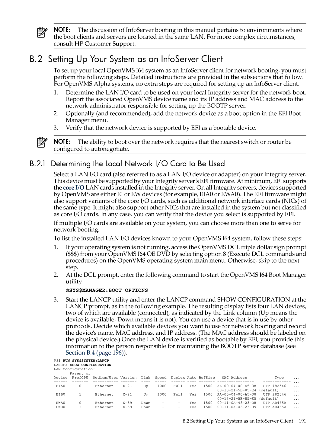 HP OpenVMS 8.x manual Setting Up Your System as an InfoServer Client, Determining the Local Network I/O Card to Be Used 