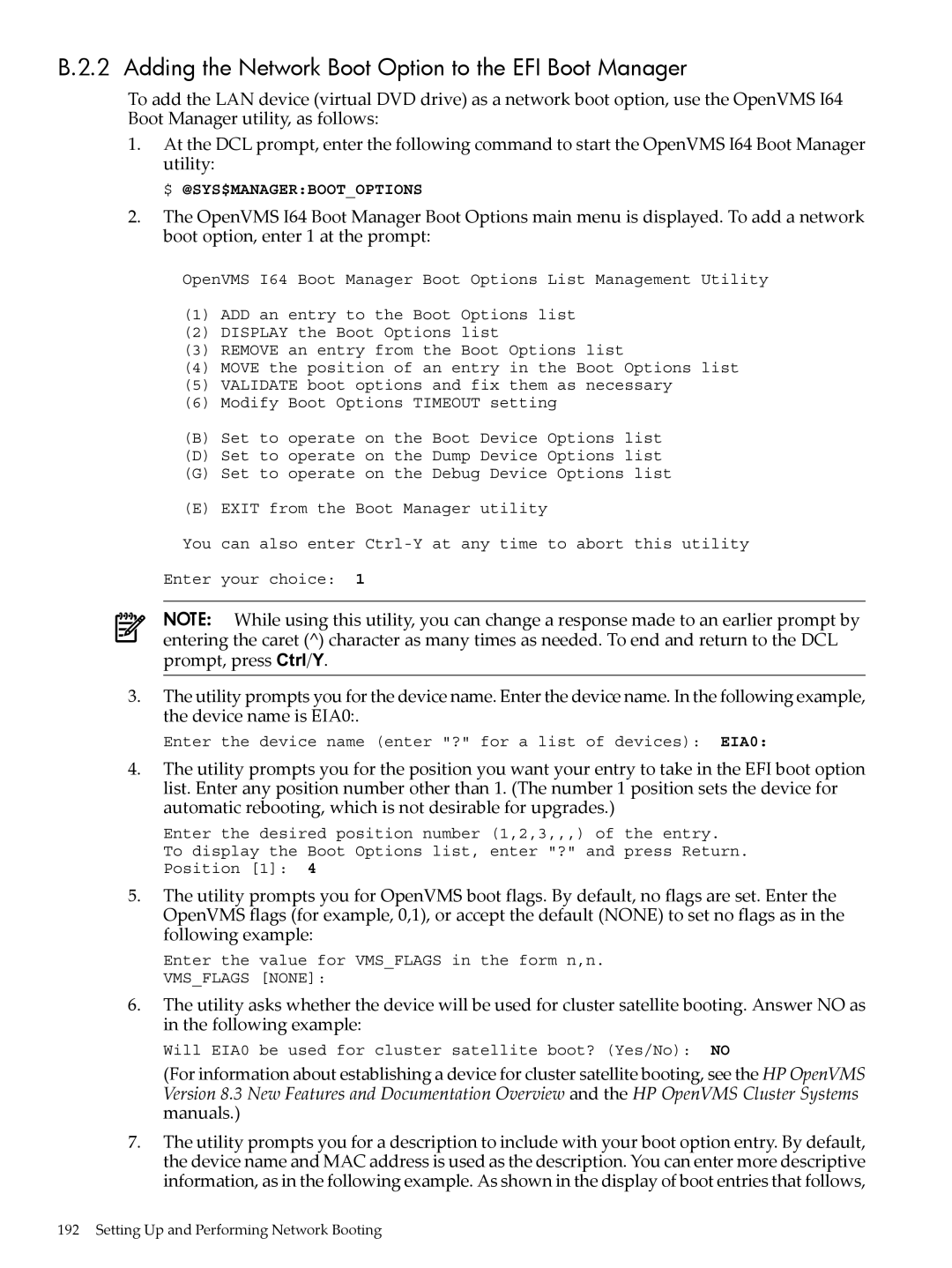 HP OpenVMS 8.x manual Adding the Network Boot Option to the EFI Boot Manager 